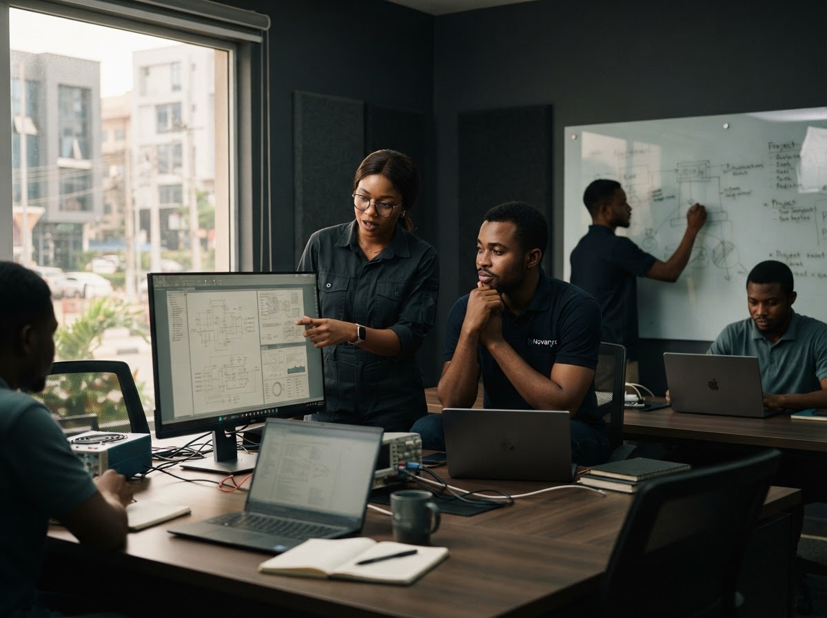 Novaryx analysts reviewing data models used to inform automated investment decisions